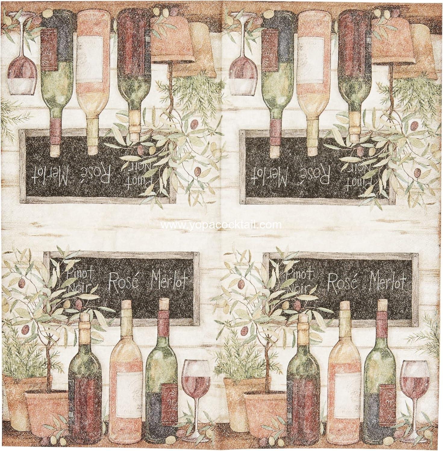 Wholesale Cocktail Beverage Paper Napkins, 5x5 Inches, Wine and Olive Design - Supplier Wholesale Cocktail Beverage Paper Napkins, 5x5 Inches, Wine and Olive Design - Supplier