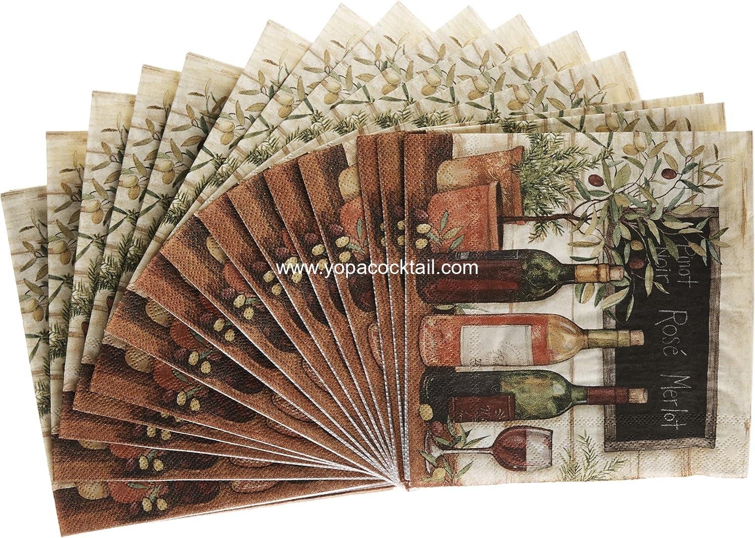 Wholesale Cocktail Beverage Paper Napkins, 5x5 Inches, Wine and Olive Design - Supplier Wholesale Cocktail Beverage Paper Napkins, 5x5 Inches, Wine and Olive Design - Supplier