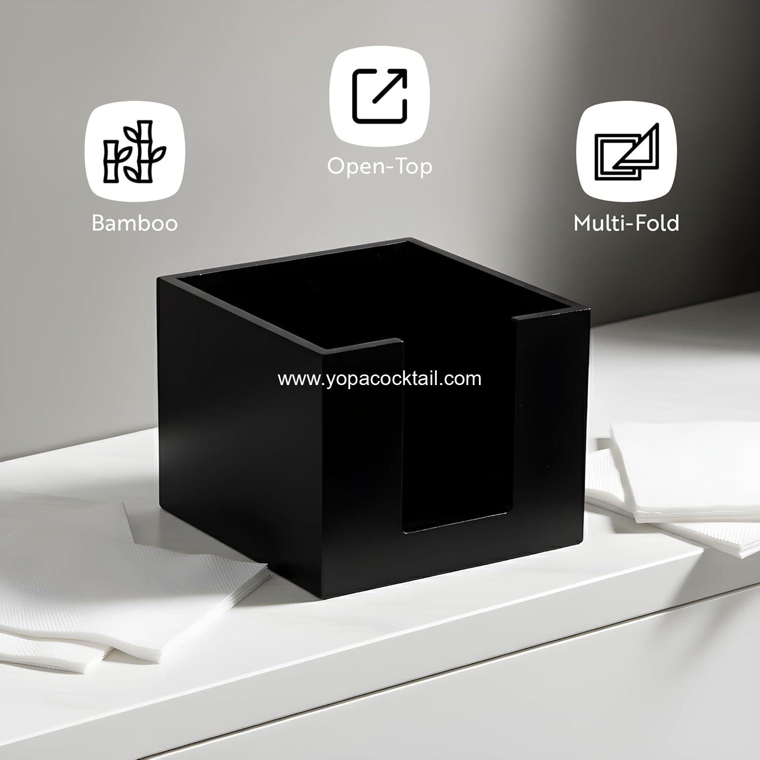Wholesale 5.5 x 4 Inch Cocktail Napkin Holder - Square Flat Design for Bars and Kitchen Tables - Sturdy Black Bamboo Tissue Napkin Holder - Dining Room Decor Supplier