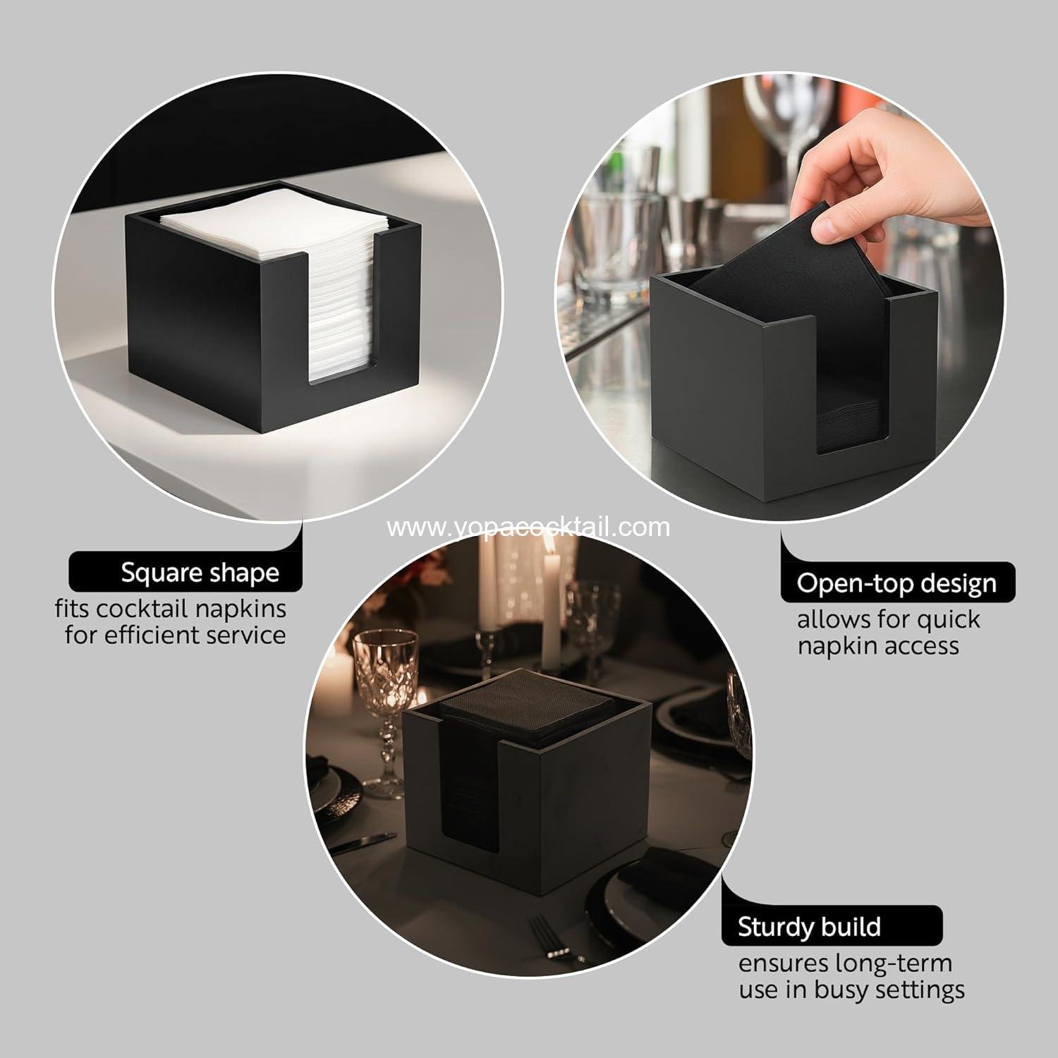 Wholesale 5.5 x 4 Inch Cocktail Napkin Holder - Square Flat Design for Bars and Kitchen Tables - Sturdy Black Bamboo Tissue Napkin Holder - Dining Room Decor Supplier
