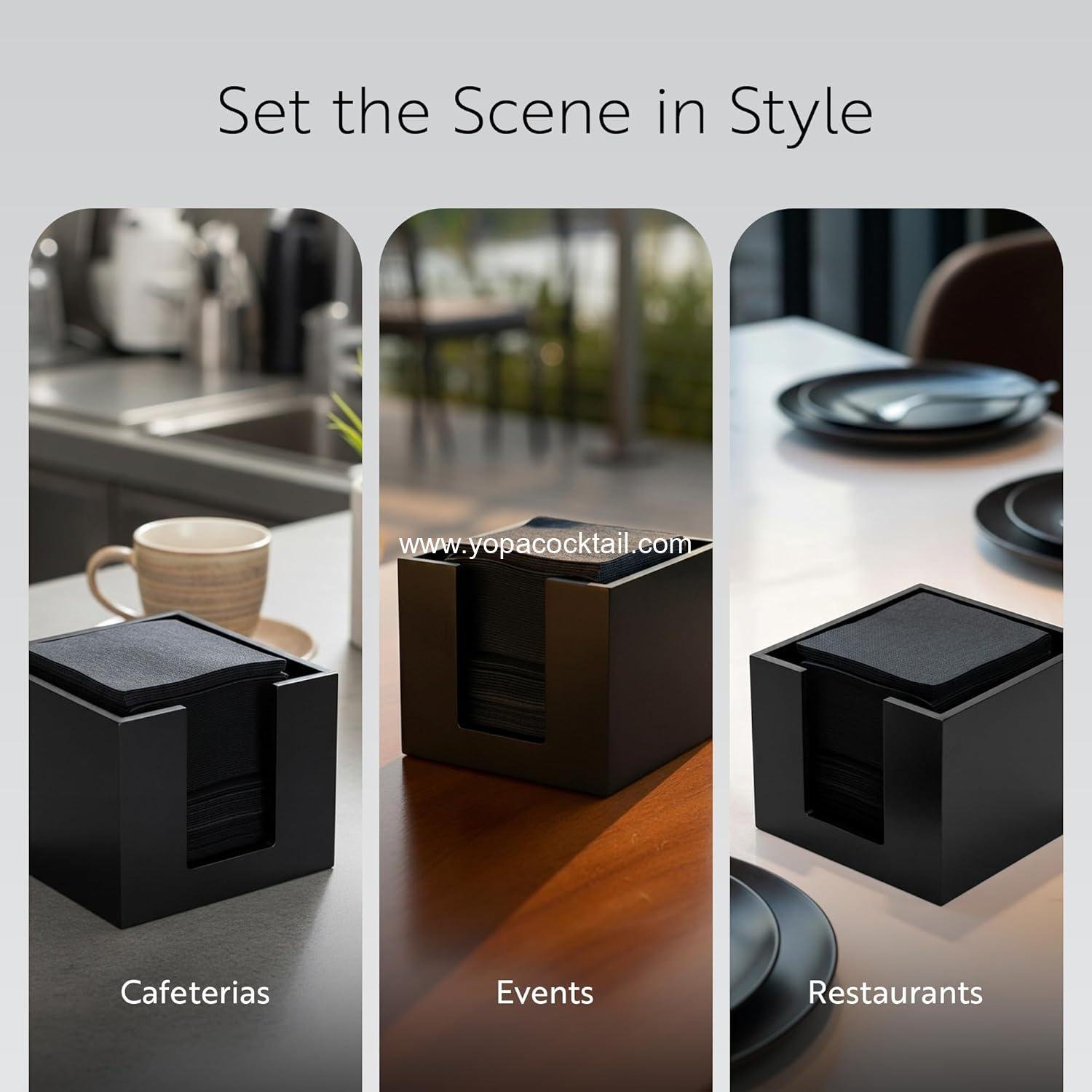 Wholesale 5.5 x 4 Inch Cocktail Napkin Holder - Square Flat Design for Bars and Kitchen Tables - Sturdy Black Bamboo Tissue Napkin Holder - Dining Room Decor Supplier
