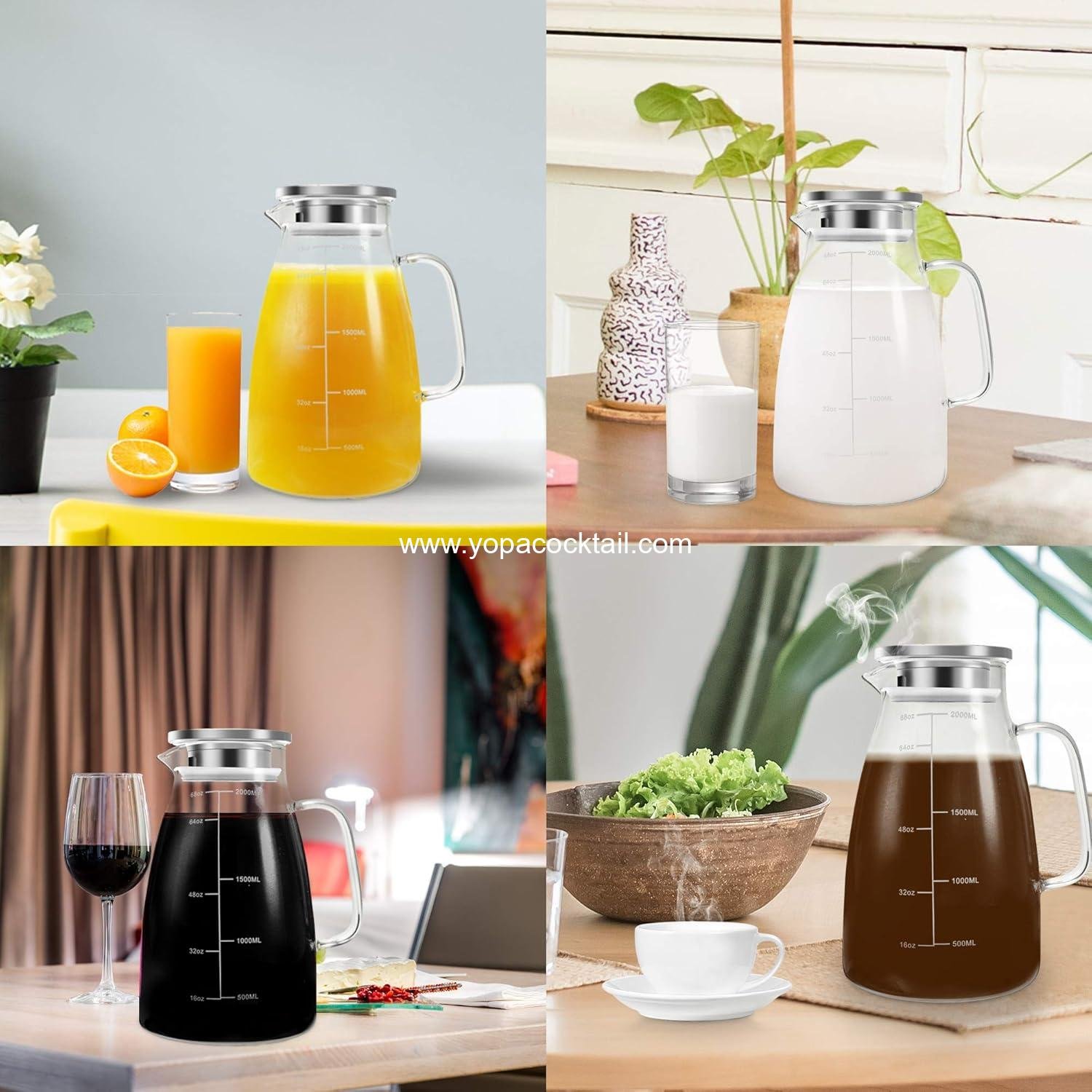 Wholesale 68oz Glass Pitcher with Lid and Precise Scale Line, 18/8 Stainless Steel Iced Tea Carafe, Easy Clean Heat Resistant Borosilicate Jug for Juice, Milk, Cold or Hot Beverages - Supplier