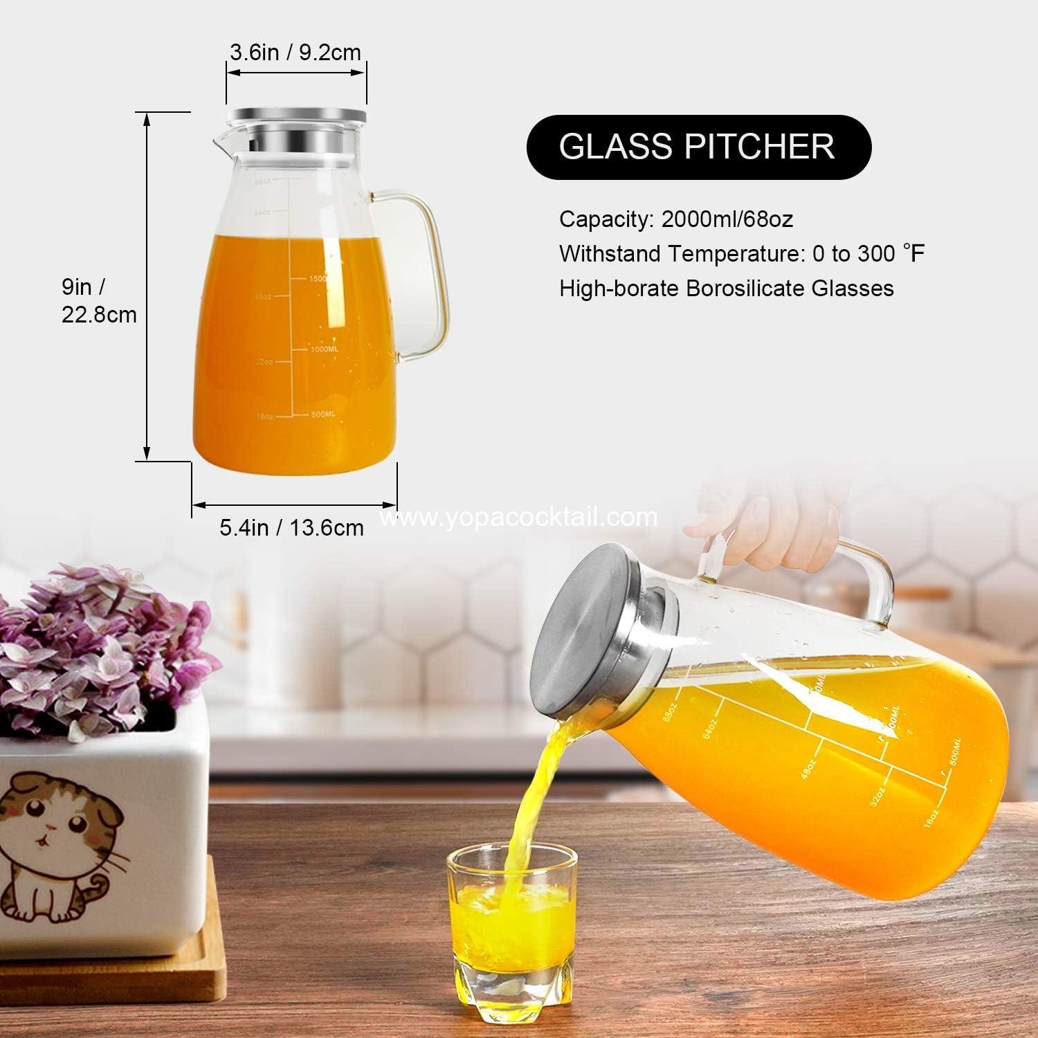 Wholesale 68oz Glass Pitcher with Lid and Precise Scale Line, 18/8 Stainless Steel Iced Tea Carafe, Easy Clean Heat Resistant Borosilicate Jug for Juice, Milk, Cold or Hot Beverages - Supplier