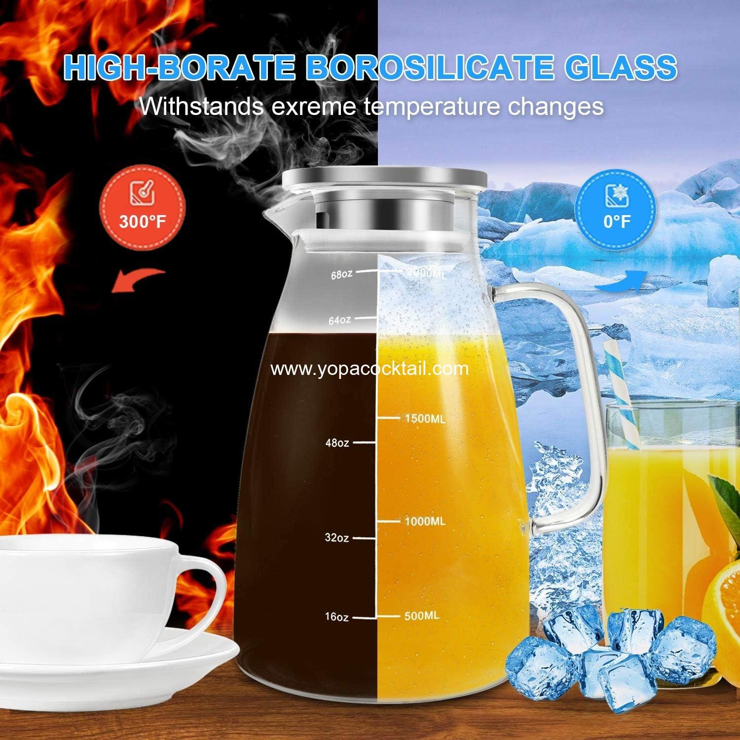 Wholesale 68oz Glass Pitcher with Lid and Precise Scale Line, 18/8 Stainless Steel Iced Tea Carafe, Easy Clean Heat Resistant Borosilicate Jug for Juice, Milk, Cold or Hot Beverages - Supplier