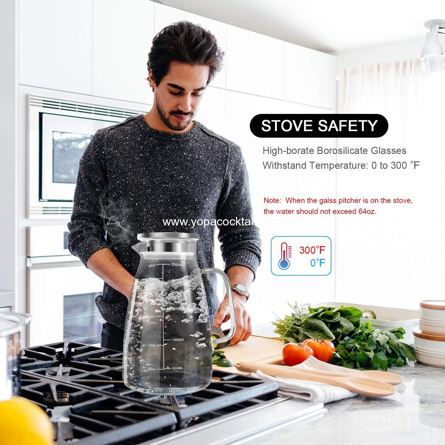 Wholesale 68oz Glass Pitcher with Lid and Precise Scale Line, 18/8 Stainless Steel Iced Tea Carafe, Easy Clean Heat Resistant Borosilicate Jug for Juice, Milk, Cold or Hot Beverages - Supplier