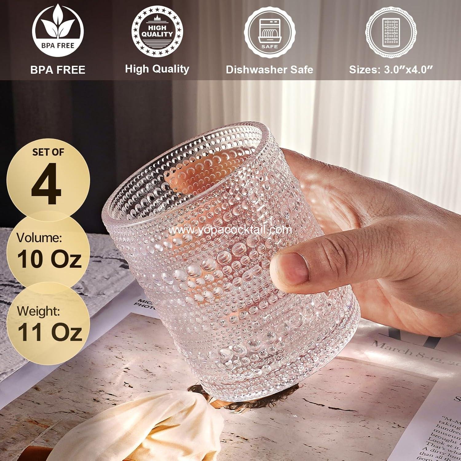 Wholesale Hobnail Drinking Glasses Set of 4 - 10oz Old Fashioned Rocks Glasses for Water, Juice, Cocktails - Vintage Glassware Gift for Men and Women Supplier