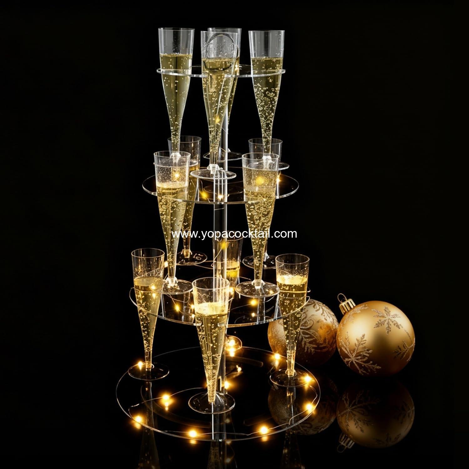 Cocktail Tree Stand, Clear Acrylic Drink Tower, 3 Tier - 12 Holders with Light String for Party For Champagne, Martini, Margarita Cups, 12.4″*21.5″