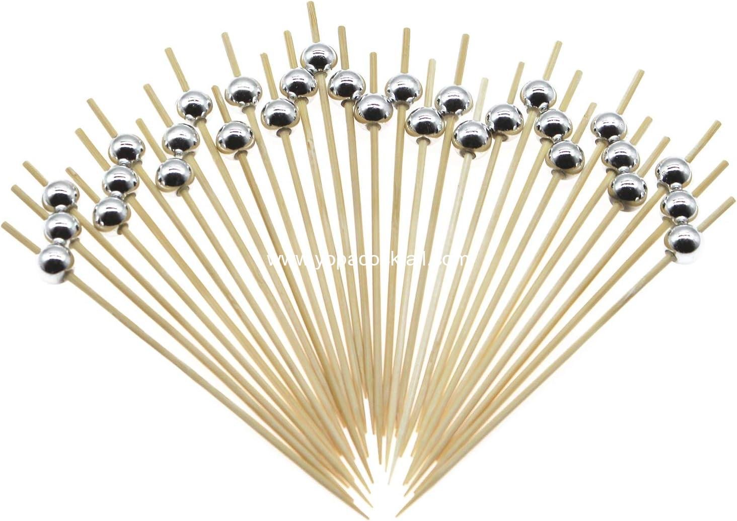 Minisland Silver Pearl Cocktail Picks, 4.7 Inch Long Bamboo Fancy Toothpicks for Appetizers, Decorative Christmas New Year Holiday Party Food Drink Garnish Fruit Kabob Skewer Sticks 100 Counts -MSL151