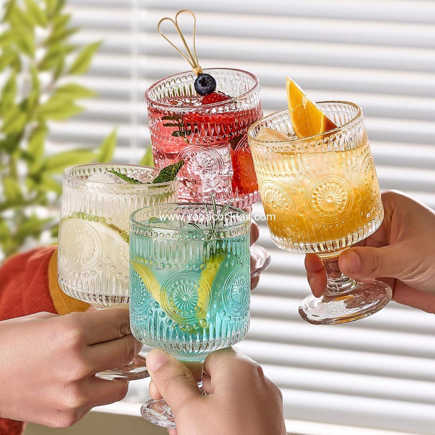 OEM 6 Packs Vintage Goblet Glasses, 8 oz Embossed Floral Drinkware Set, Clear Tumbler Glasses for Iced Tea, Wine, Beer, Juice, Cocktail, Whiskey - Supplier OEM 6 Packs Vintage Goblet Glasses, 8 oz Embossed Floral Drinkware Set, Clear Tumbler Glasses for Iced Tea, Wine, Beer, Juice, Cocktail, Whiskey - Supplier