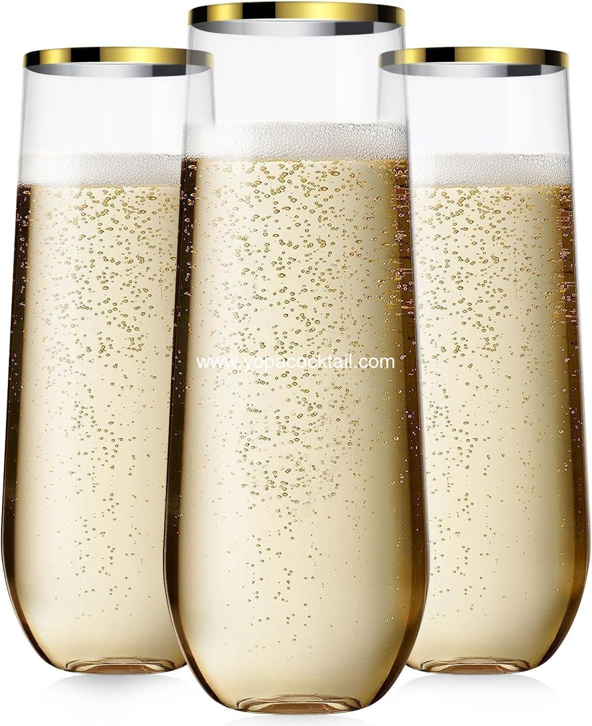 24 Pcak Champagne Flutes Plastic, 9 Oz Disposable Stemless Mimosa Gold Rim Toasting Glasses, Clear Crystal Plastic Cocktail Cups for Party Wedding Birthday