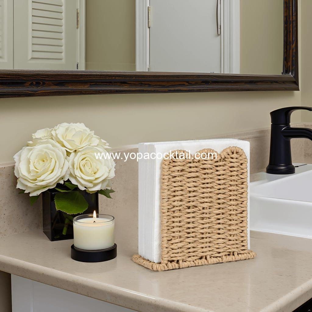 Wholesale Scalloped Edge Napkin Holder for Rustic Home Decor, Paper Rope Napkin Dispenser for Kitchen Countertop, Cocktail Napkin Holder for Indoor & Outdoor Parties, Beige Supplier