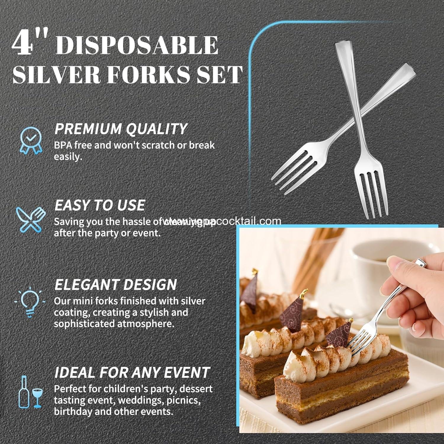 Wholesale 100CT Heavy Duty 4 Inch Plastic Mini Forks - Silver Disposable Tiny Forks for Appetizers, Cocktail Hors D'oeuvres, Charcuterie Board, Wedding Reception, Supplier