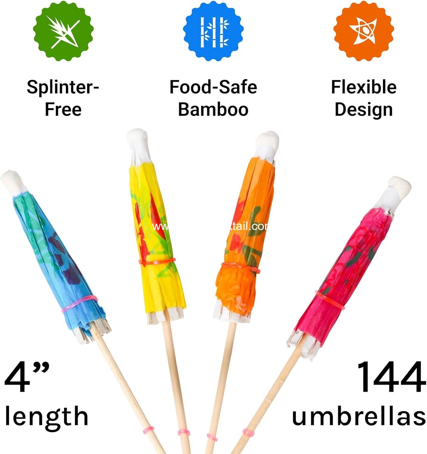 Wholesale 144 Count 4 Inch Umbrella Parasol Cocktail Picks, Cupcake Toppers, Assorted Colors and Designs - Bulk Pack - Supplier