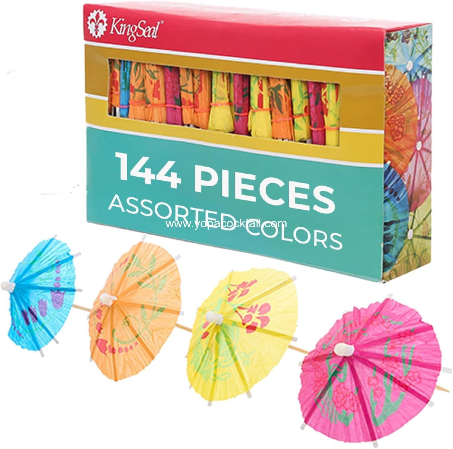 144 Count | KingSeal 4 Inch Umbrella Parasol Cocktail Picks, Cupcake Toppers, Assorted Colors and Designs, Tiki, Luau, Hawaii, Bulk Pack - 1 Box of 144