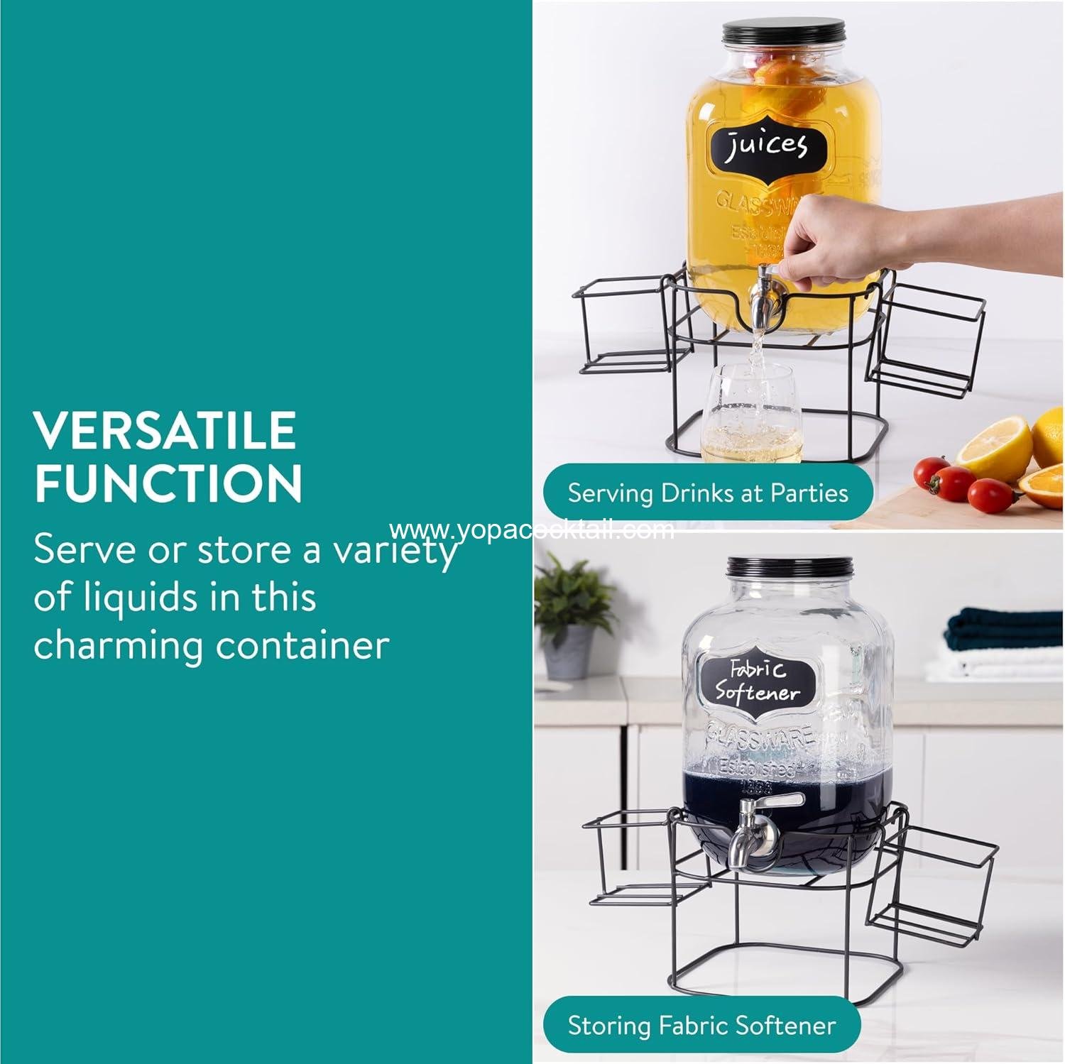 Wholesale Glass Jar Drink Dispenser with Tap - Black Metal Stand with Cup Storage - Ideal for Cocktails, Lemonade, Water - 5.3QT (5L) Supplier