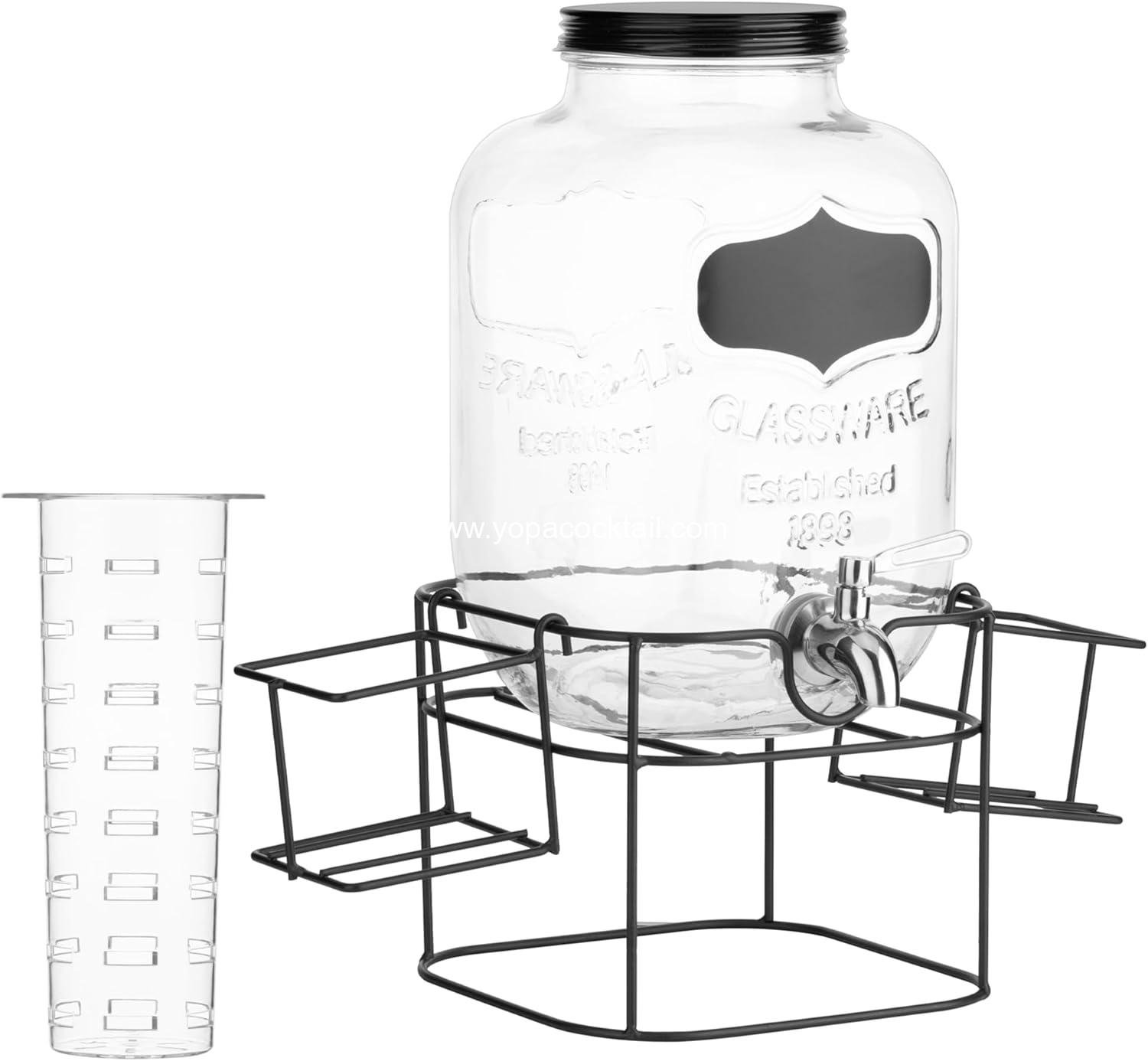 Wholesale Glass Jar Drink Dispenser with Tap - Black Metal Stand with Cup Storage - Ideal for Cocktails, Lemonade, Water - 5.3QT (5L) Supplier
