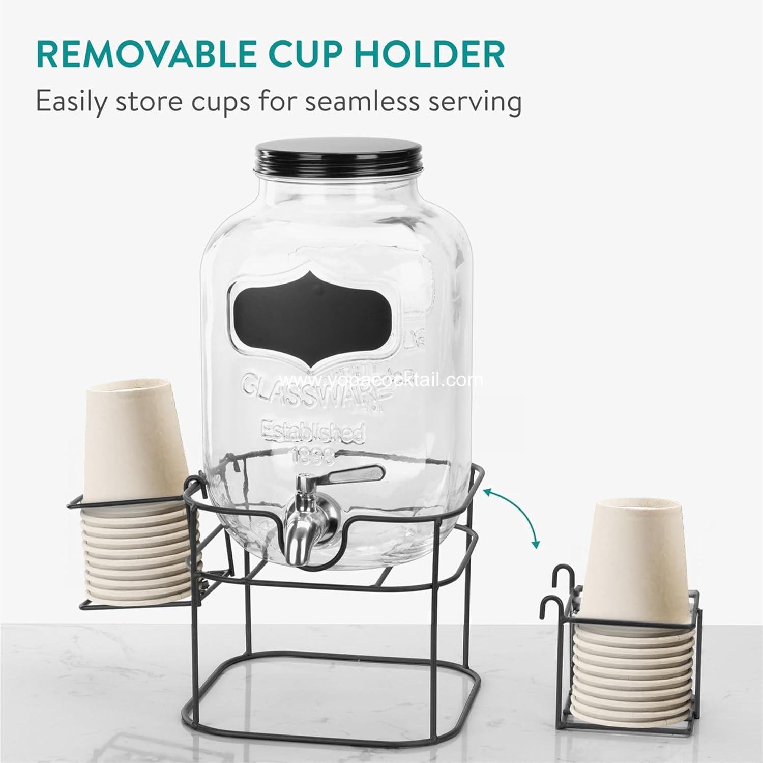 Wholesale Glass Jar Drink Dispenser with Tap - Black Metal Stand with Cup Storage - Ideal for Cocktails, Lemonade, Water - 5.3QT (5L) Supplier