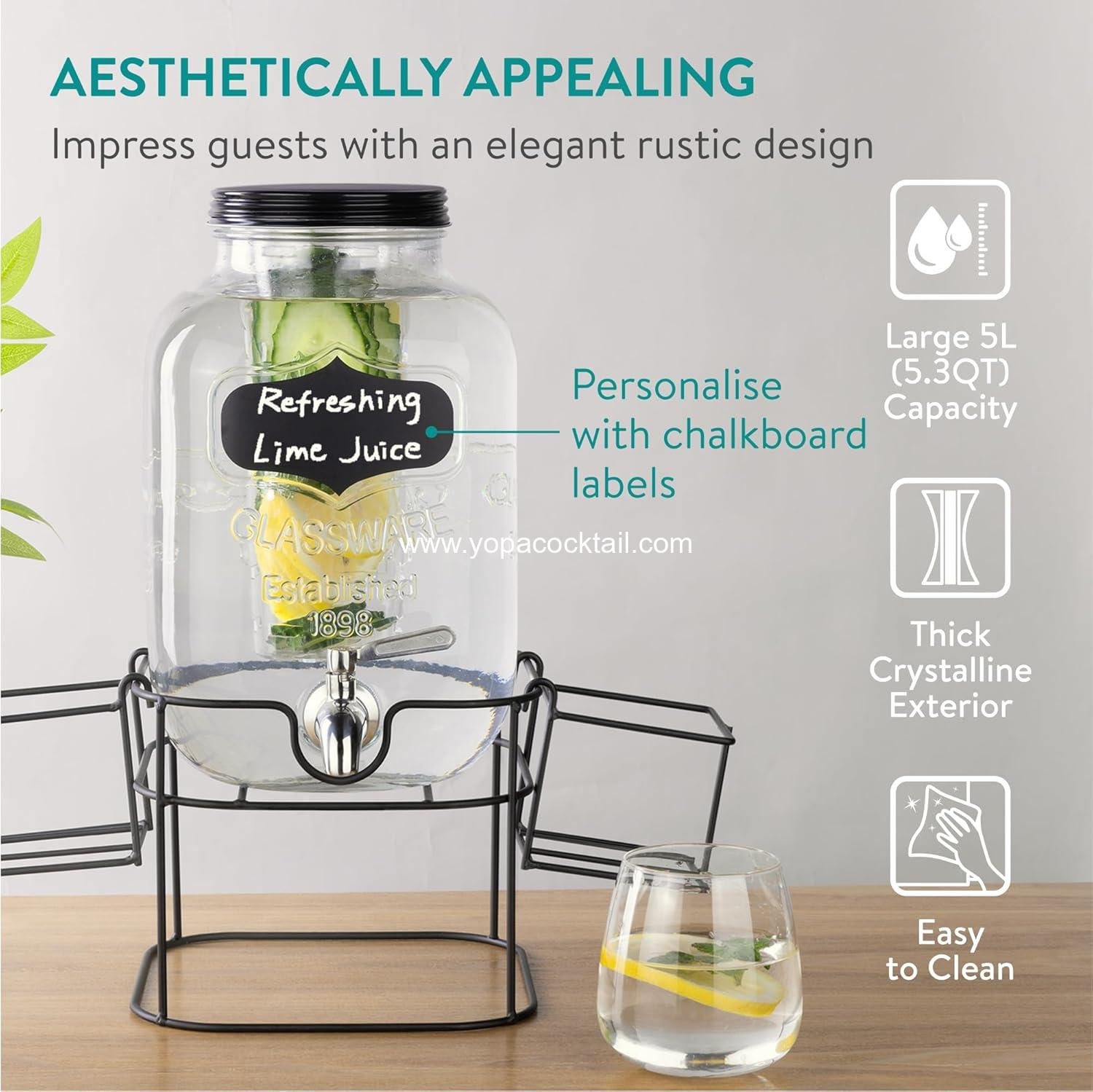 Wholesale Glass Jar Drink Dispenser with Tap - Black Metal Stand with Cup Storage - Ideal for Cocktails, Lemonade, Water - 5.3QT (5L) Supplier