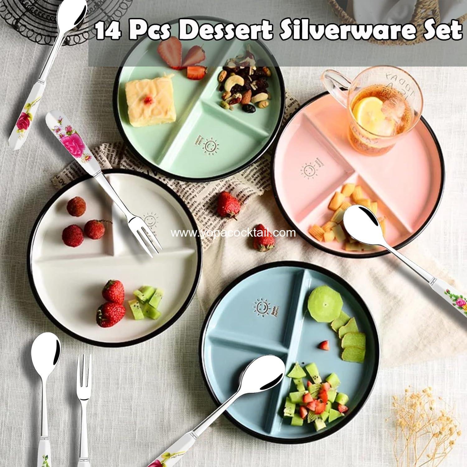 OEM 14-Piece Dessert Forks and Spoons Set, Stainless Steel Cutlery with Porcelain Handles, Mini Coffee Spoons, Pastry Forks, Cake Forks, Tea Spoons for Dessert, Appetizers, Salad, and Fruit - Supplier