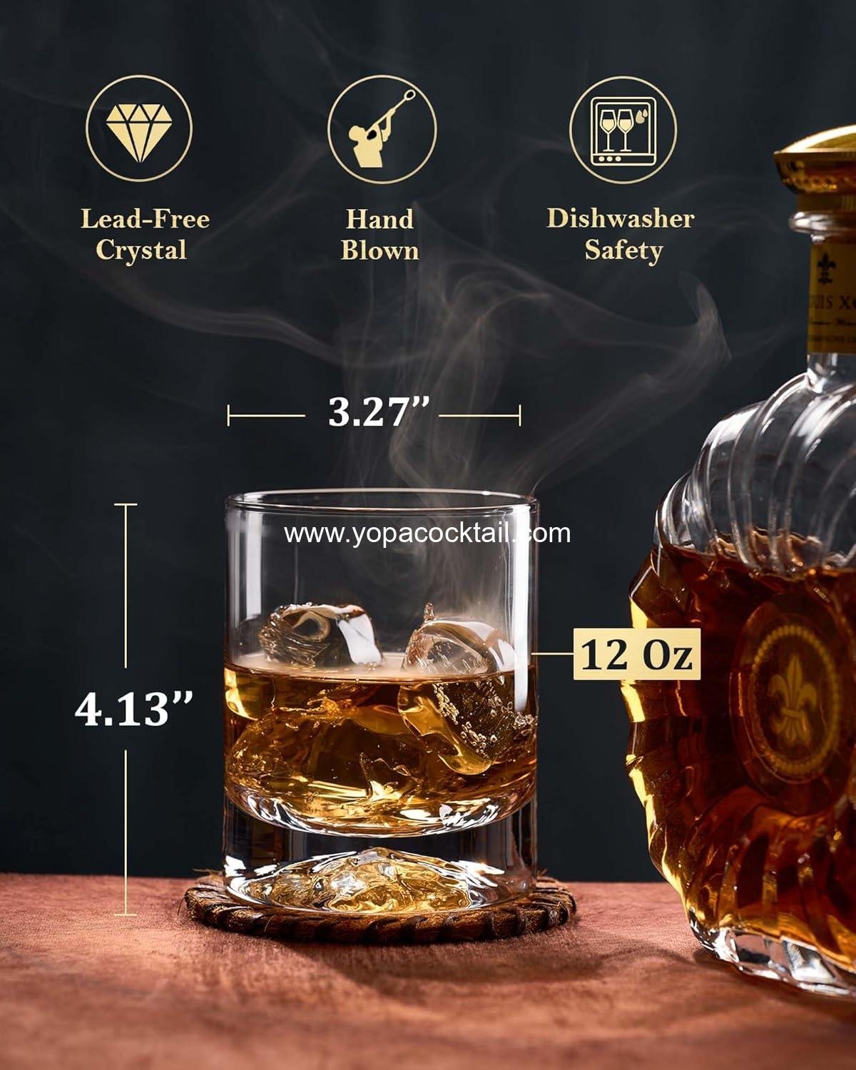 Wholesale Hand Blown Crystal Double Old Fashioned Cocktail Glasses - 12 Ounce Lowball Whiskey Glasses, Set of 2, Ideal for Oversized Ice Cubes - Supplier