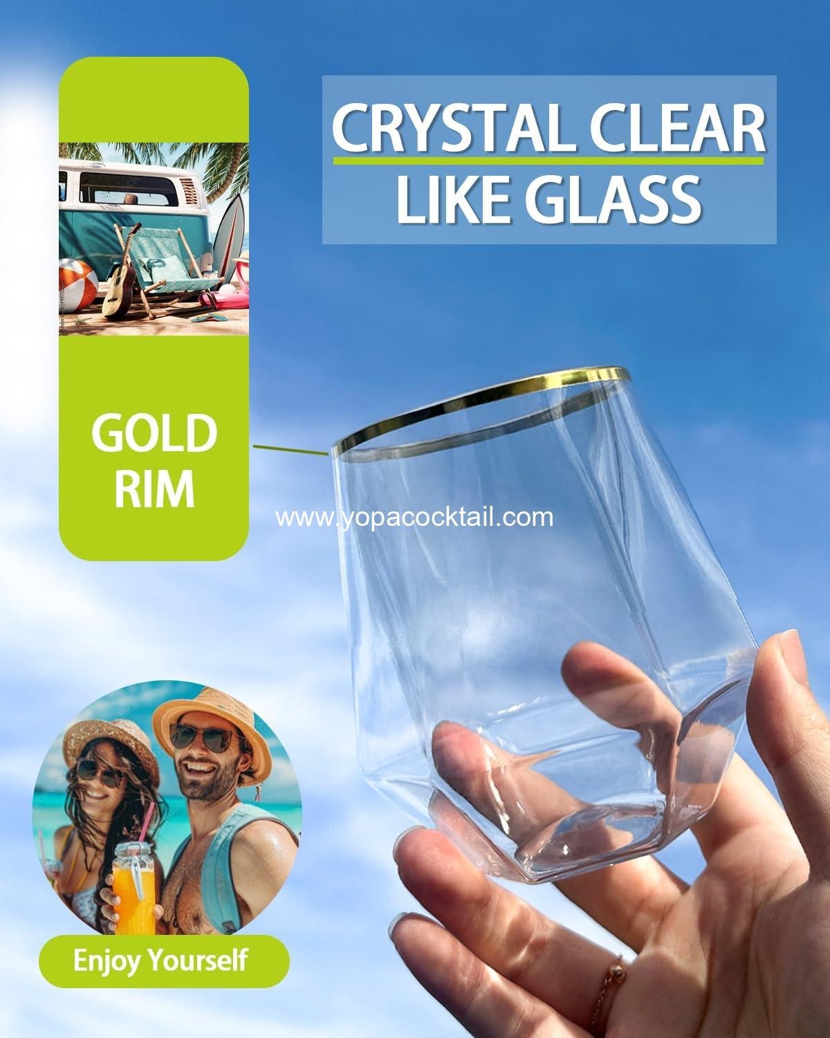 Wholesale 40-Pack Plastic Stemless Wine Cocktail Whiskey Champagne Glasses, 12 Oz Gold Rim Disposable Clear Unbreakable Cups for Parties, Bars, Weddings, Tasting (Diamond-shaped) Supplier