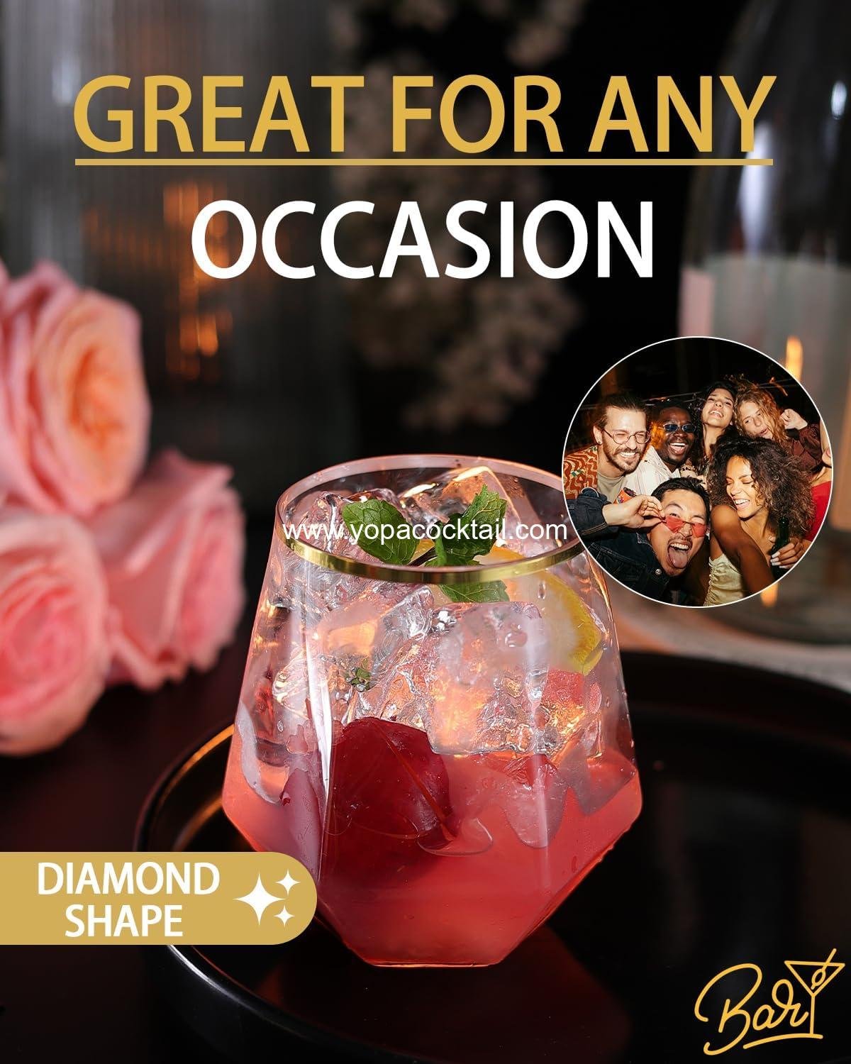 Wholesale 40-Pack Plastic Stemless Wine Cocktail Whiskey Champagne Glasses, 12 Oz Gold Rim Disposable Clear Unbreakable Cups for Parties, Bars, Weddings, Tasting (Diamond-shaped) Supplier