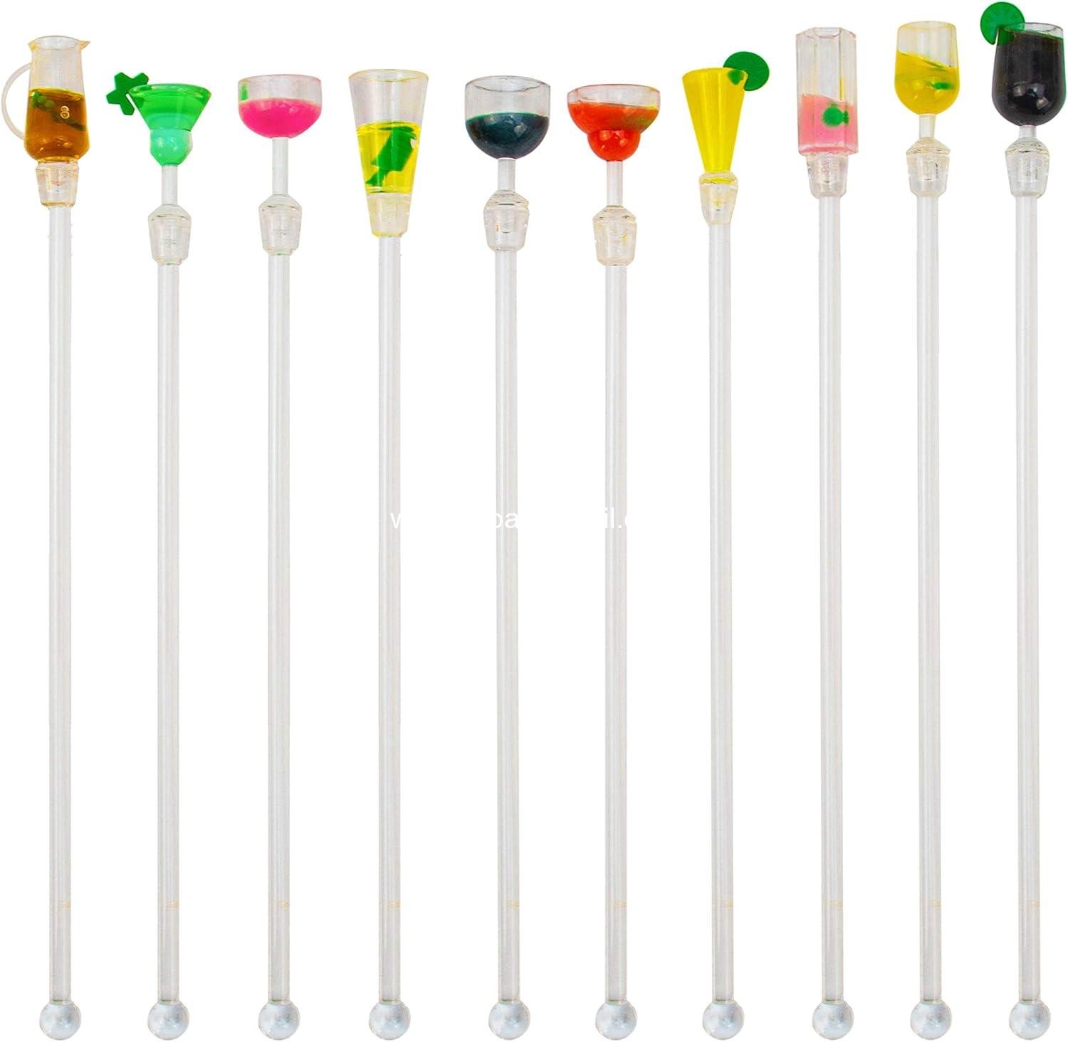 AUEAR, 10 Pack Swizzle Sticks Acrylic Colorful Cocktail Drink Stirrer Clear Shafts for Bars Cafes Restaurants Home Use