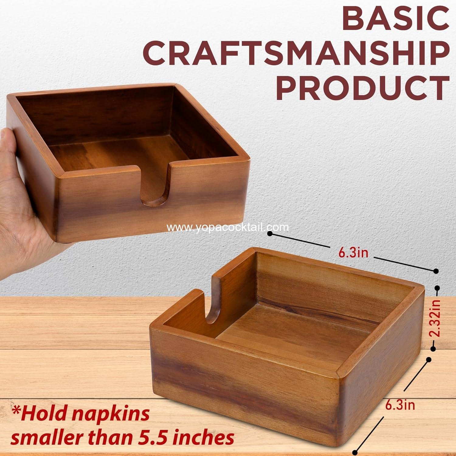 Wholesale Acacia Cocktail Napkin Holder 5.4x5.4 inches, Wood Flat Napkin Tray, Cocktail Napkin Caddy for Kitchen Décor, Restaurant Bar Accessories Supplier