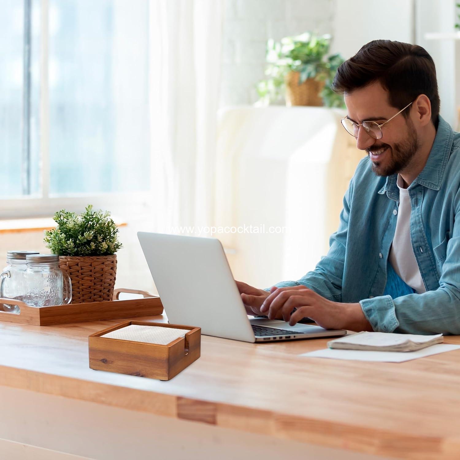 Wholesale Acacia Cocktail Napkin Holder 5.4x5.4 inches, Wood Flat Napkin Tray, Cocktail Napkin Caddy for Kitchen Décor, Restaurant Bar Accessories Supplier