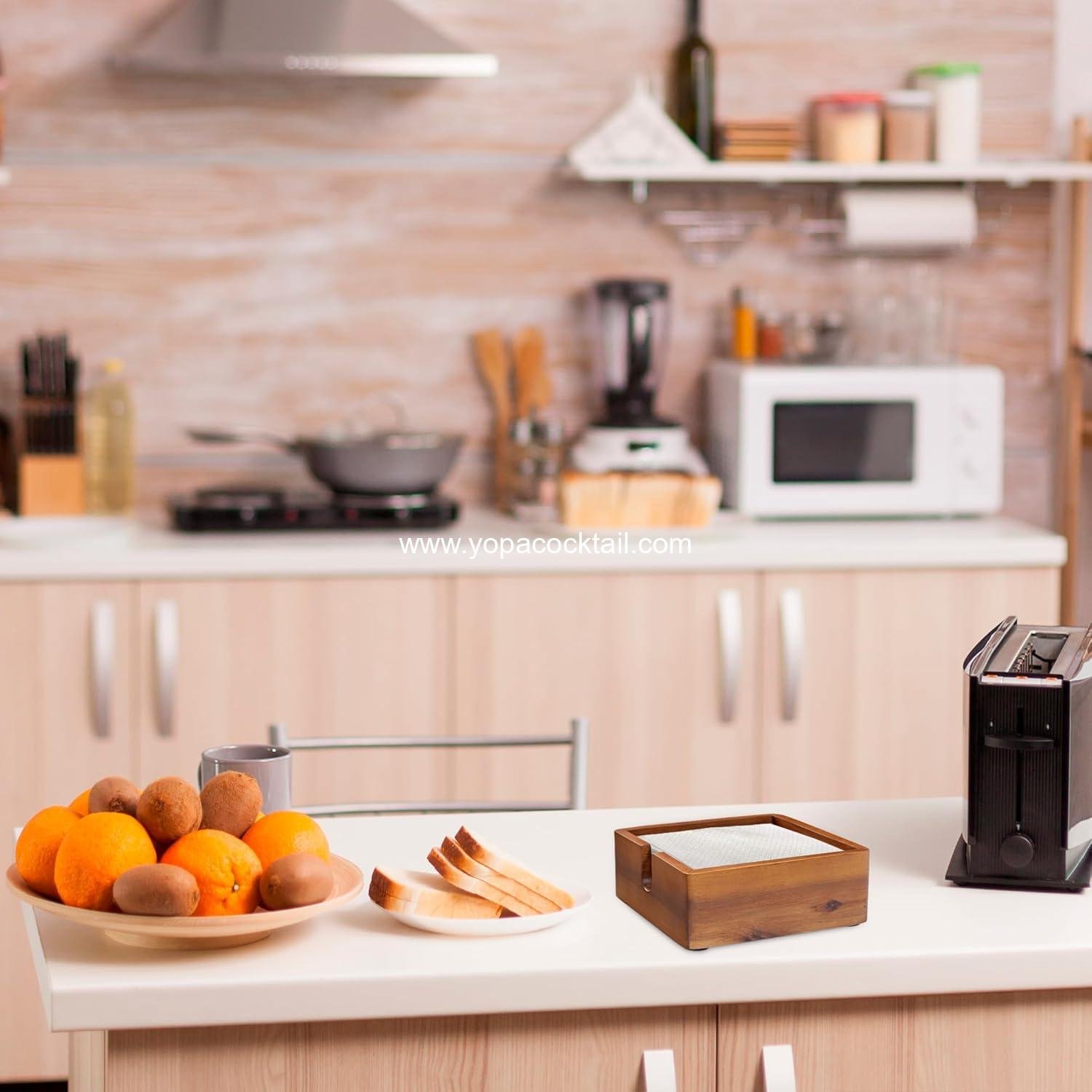 Wholesale Acacia Cocktail Napkin Holder 5.4x5.4 inches, Wood Flat Napkin Tray, Cocktail Napkin Caddy for Kitchen Décor, Restaurant Bar Accessories Supplier