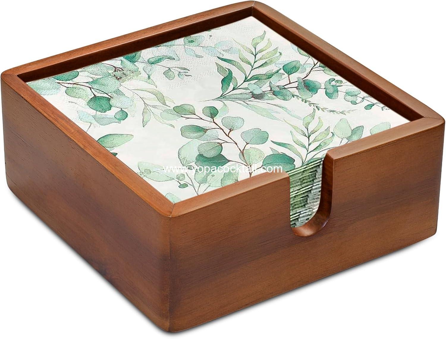 Acacia Cocktail Paper Napkin Holder Square 5.4x5.4 inches, Wood Flat Napkin Tray, Cocktail Napkin Caddy For Kitchen Décor, Restaurant Countertop Bar Accessories