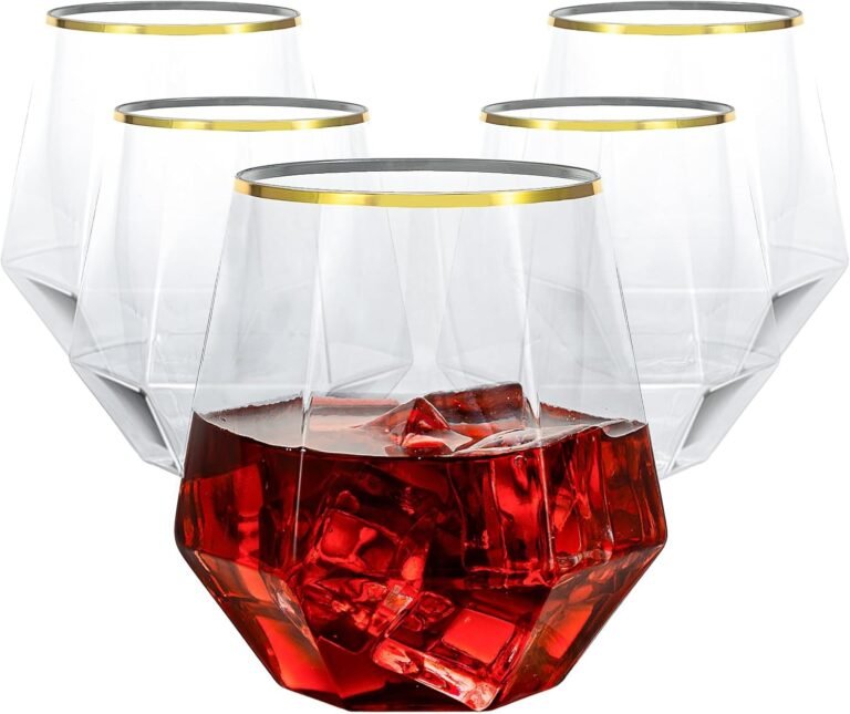 Goodluck 40 PCS Diamond Stemless Plastic Wine Whiskey Glasses, 12 Oz Disposable Cocktail Glasses, Suitable for Weddings, Birthday Parties, Family Gatherings, Bars, etc （Gold rimmed cups）