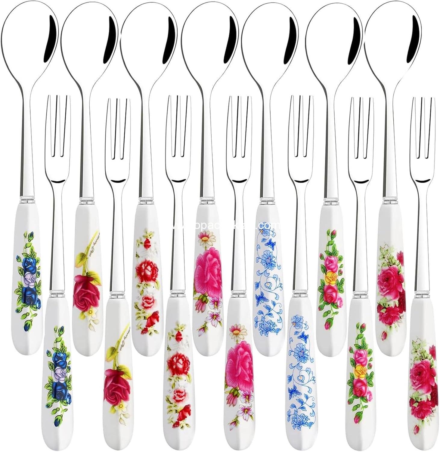OEM 14-Piece Dessert Forks and Spoons Set, Stainless Steel Cutlery with Porcelain Handles, Mini Coffee Spoons, Pastry Forks, Cake Forks, Tea Spoons for Dessert, Appetizers, Salad, and Fruit - Supplier