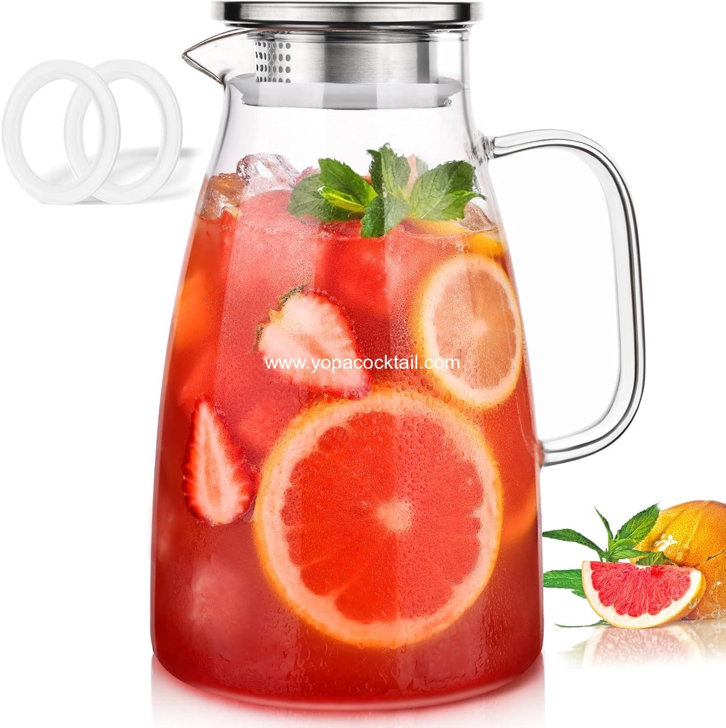 OEM Glass Pitcher with Lid, 2L (68oz) Water Jug with Handle and Spout for Fridge, Borosilicate Glass for Iced Tea, Juice, Sangria, Cold/Hot Beverages, Large Jug with 2 Silicone Rings - Supplier