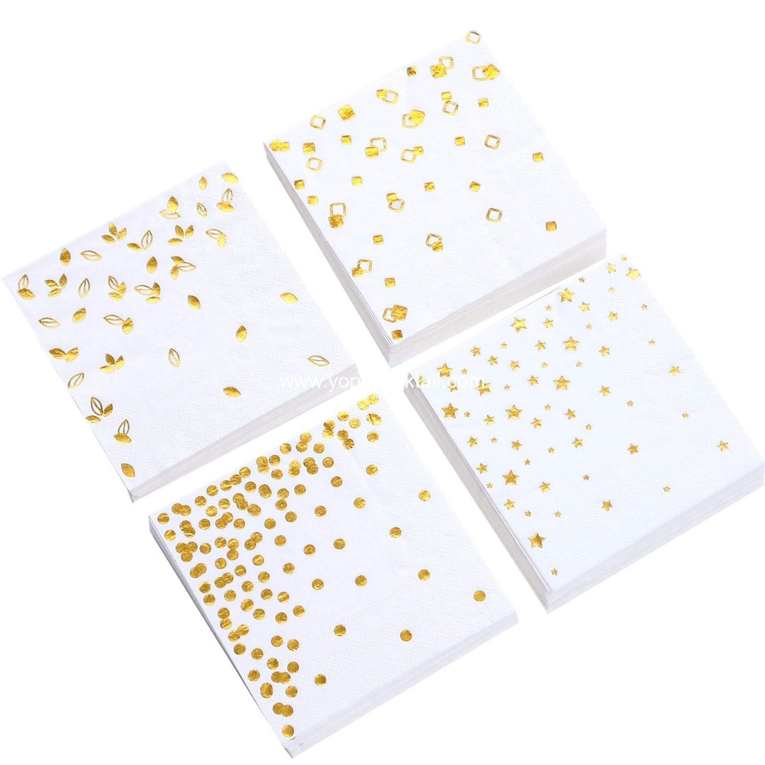 Wholesale 100 PK Gold Napkins - 4 Assorted Designs - 3-Ply Cocktail Napkins 5x5 Inches - Disposable Party and Bar Napkins for Wedding, Baby Shower, Birthday, Graduation 2023 Supplier