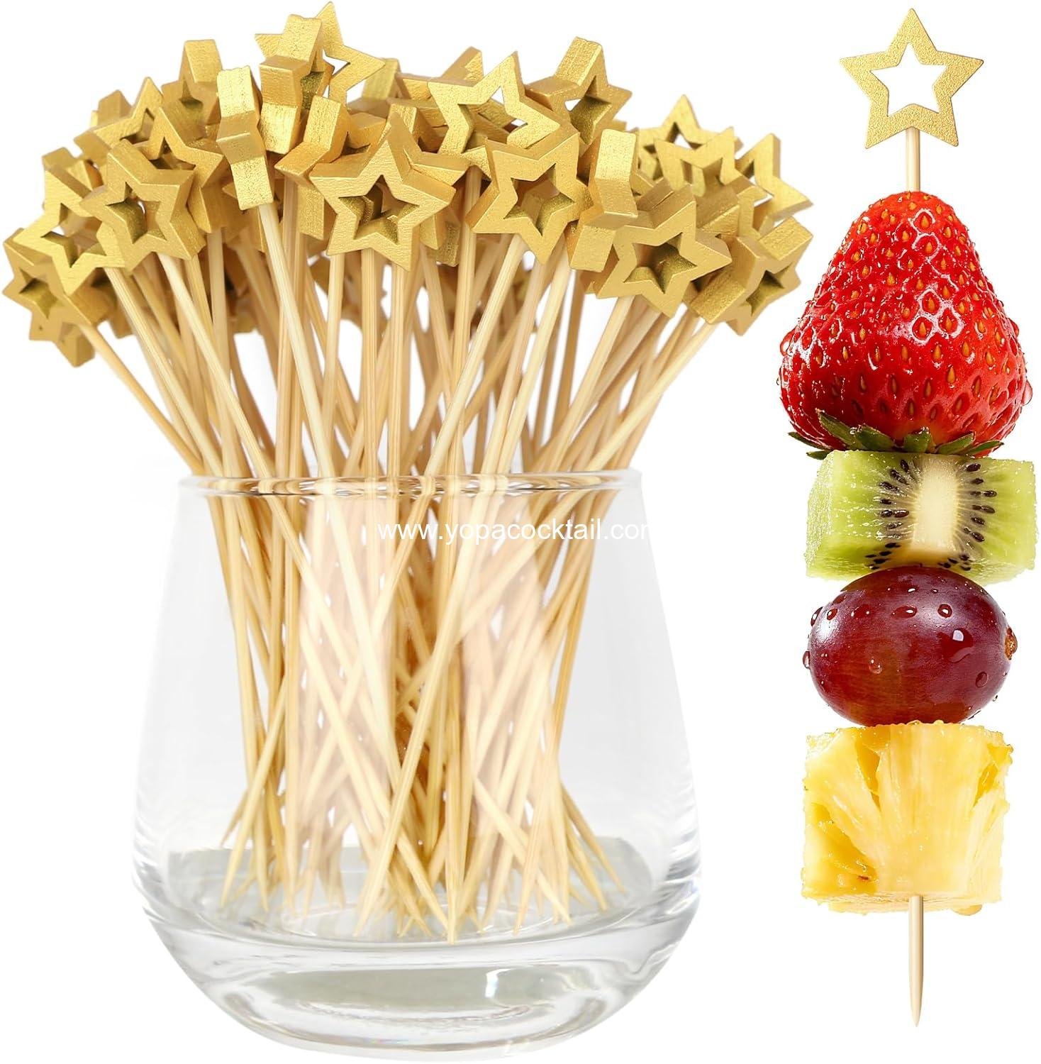 Wholesale 100PCS Gold Star Cocktail Picks, Decorative Fancy Toothpicks for Appetizers, 5.2 Inch Bamboo Skewers, Wooden Garnish Sticks for Drinks, Fruit Party Supplies, Charcuterie Board Accessories Supplier