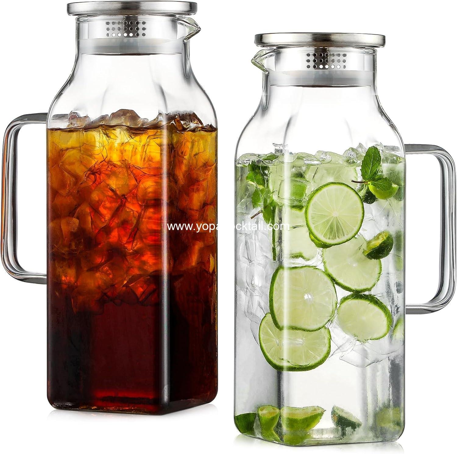 Wholesale 2 Pack 2 Liter Square Glass Pitcher with Lid and Handle for Fridge, Iced Tea and Coffee Carafe, Heat Resistant Borosilicate Water Jug for Hot Cold Drinks and Milk Supplier