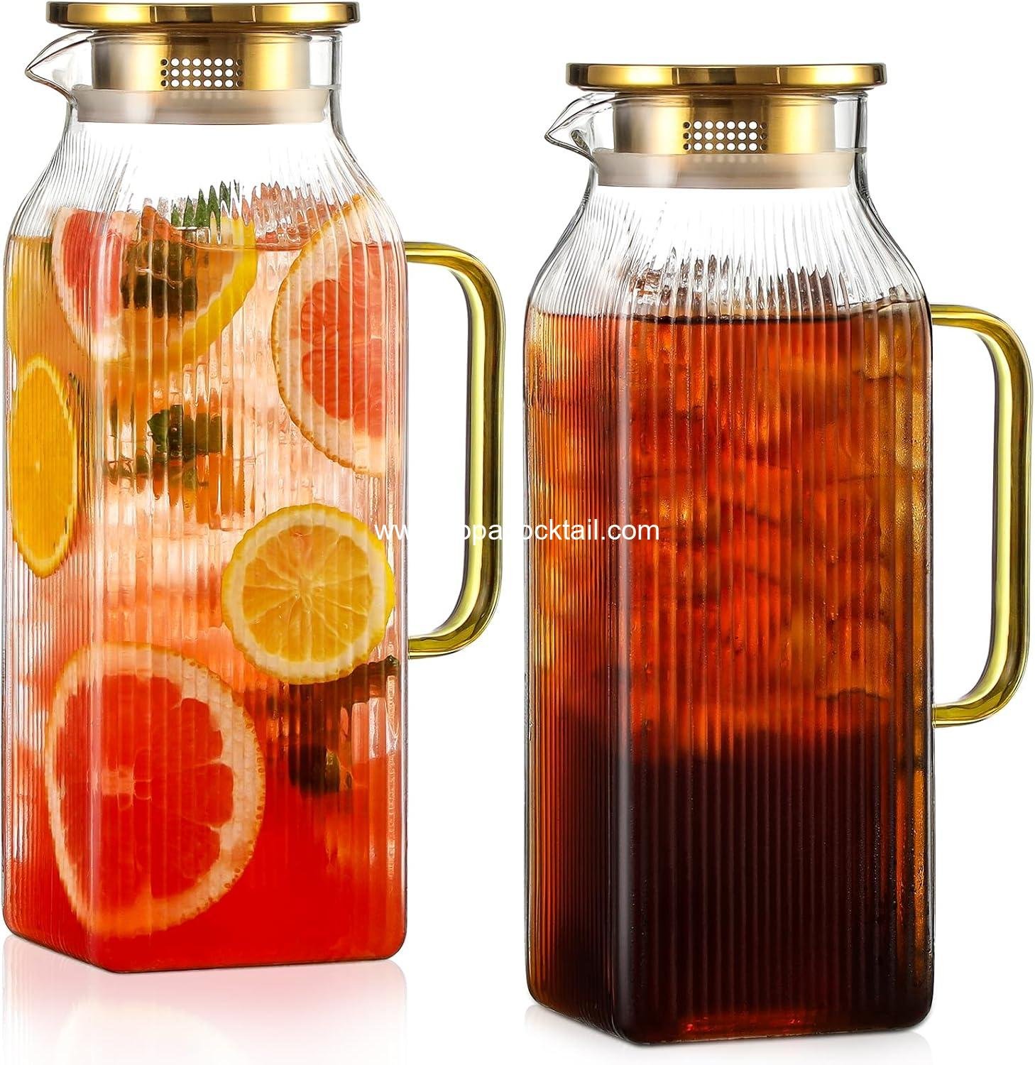Wholesale 2 Pack 2L Square Glass Pitcher with Lid, Classic Stripes Water Jug with Handle for Iced Tea and Coffee, Borosilicate Carafe for Hot/Cold Brew Drinks, Supplier