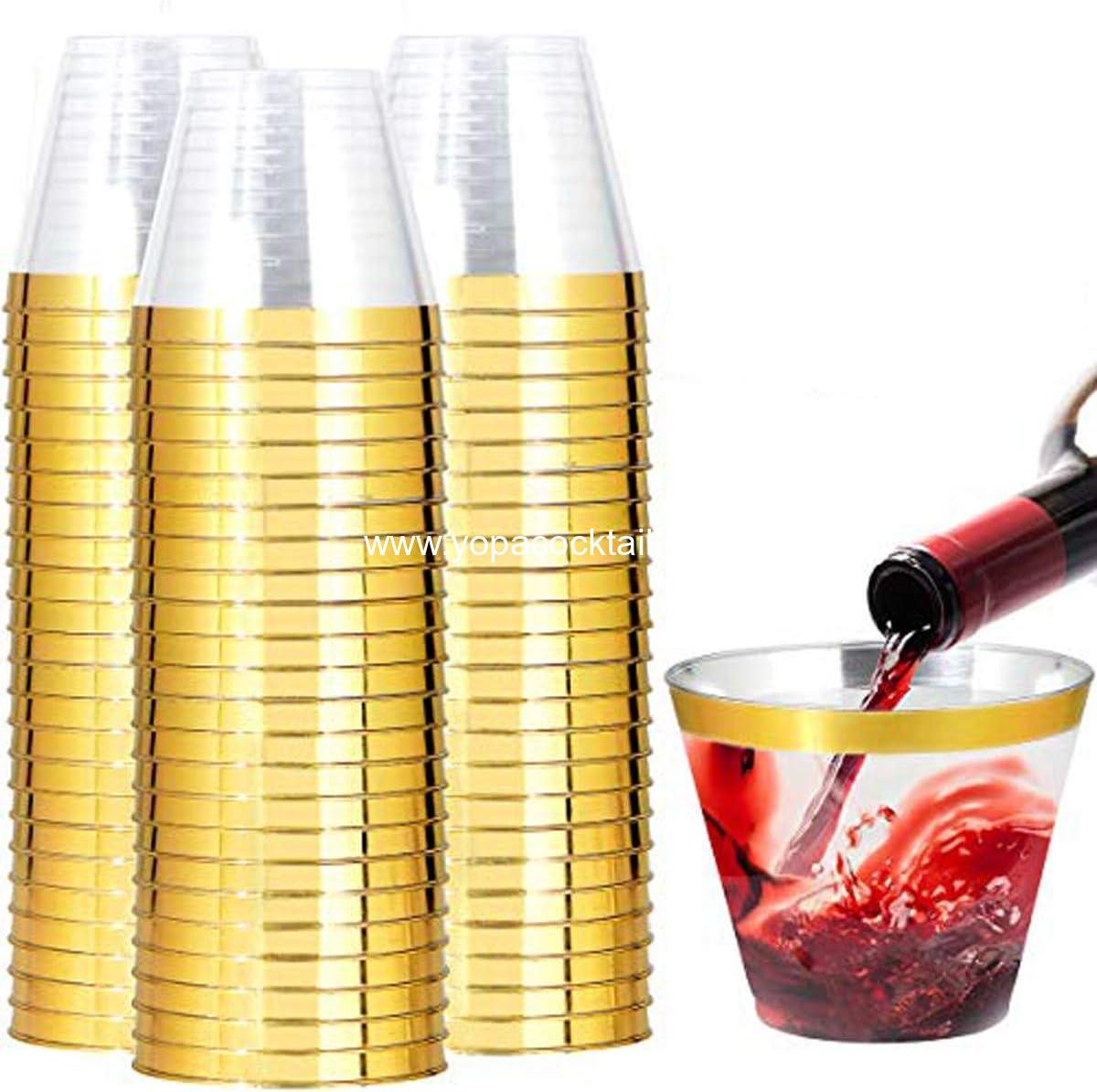 Wholesale 200-Pack 9 oz Gold-Rim Clear Plastic Disposable Wine Glasses Elegant Party & Wedding Cocktail Tumblers manufacturer