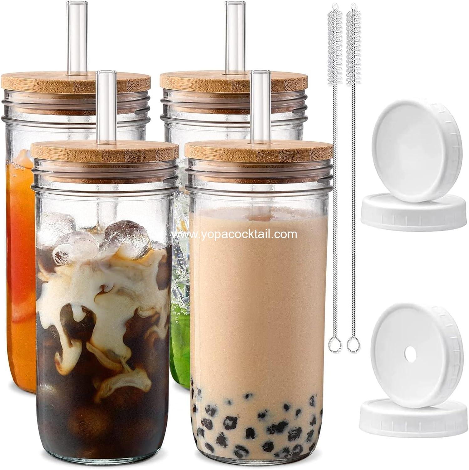 Wholesale 24 oz Glass Cups with Lids and Straws - Smoothie Cup, Boba Mason Jar, Matcha Cup, Wide Mouth Reusable Drinking Glasses, Iced Coffee Glasses, Set of 4 - Supplier