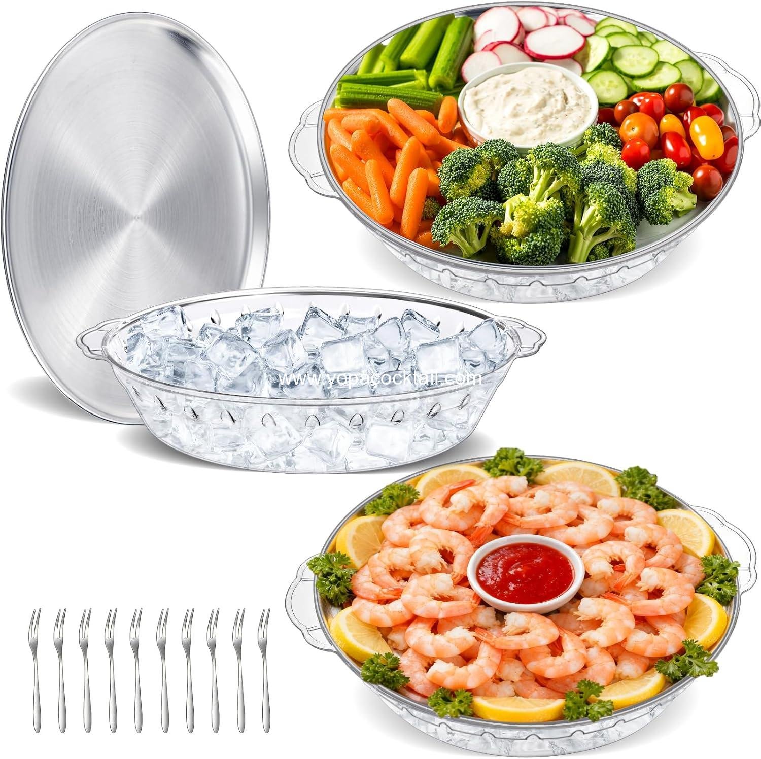 Wholesale 3-Pack 11.8in Chilled Serving Trays with Ice Compartment and 10 Forks Cold Platter for Fruit Veggies Seafood Shrimp Cocktail Appetizers Buffet Picnic Outdoor Party supplier Wholesale 3-Pack 11.8in Chilled Serving Trays with Ice Compartment and 10 Forks Cold Platter for Fruit Veggies Seafood Shrimp Cocktail Appetizers Buffet Picnic Outdoor Party supplier
