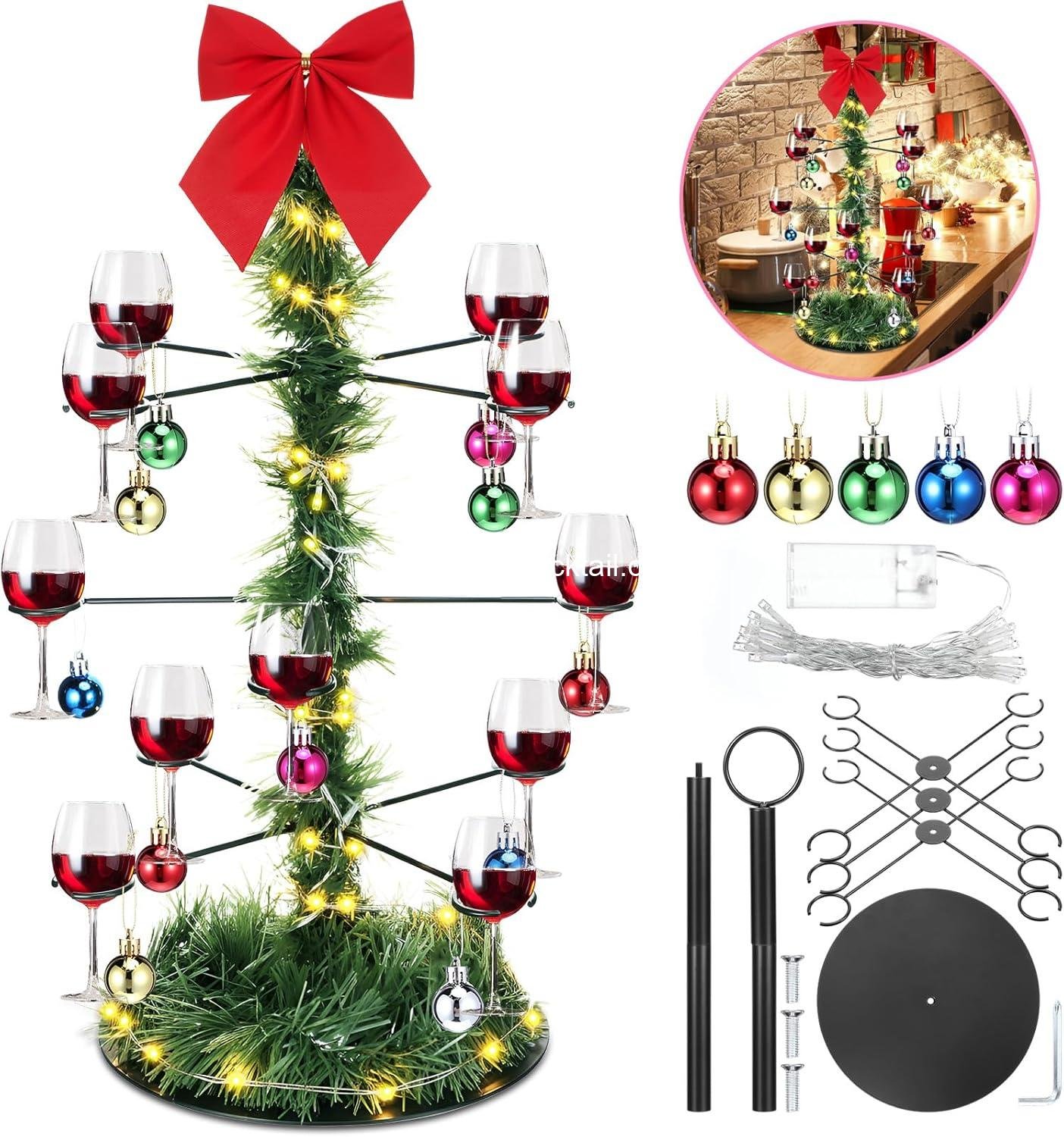 Wholesale 3-Tier 12 Champagne Holders Lighted Christmas Cocktail Tree Stand for Martini Margarita Cups with Bow and Christmas Ball Table Centerpiece Manufacturer