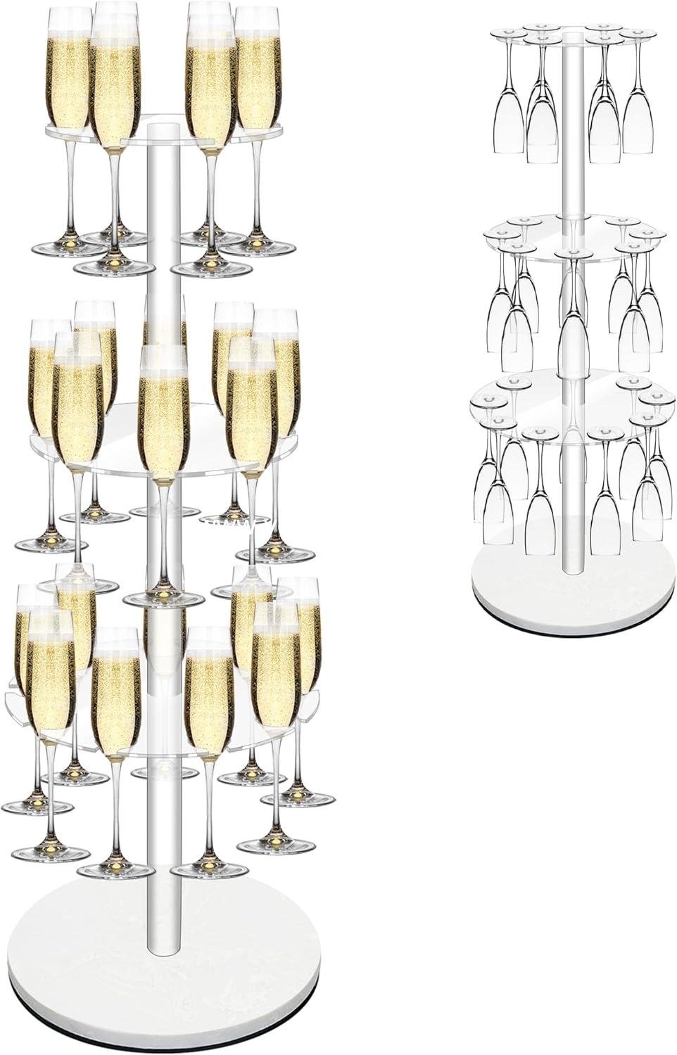 Wholesale 3-Tier Champagne Tower with Marble Base, 23 Slots Cocktail Display Rack for Serving and Drying, Round Champagne Holder for Weddings and Parties (White) Supplier