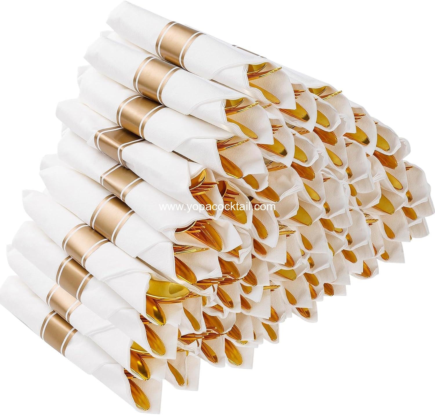 Wholesale 50 Pack Pre-Rolled Gold Plastic Silverware Set with Napkins - Includes 50 Forks, 50 Knives, 50 Spoons - Fancy Disposable Cutlery for Parties and Weddings - Supplier