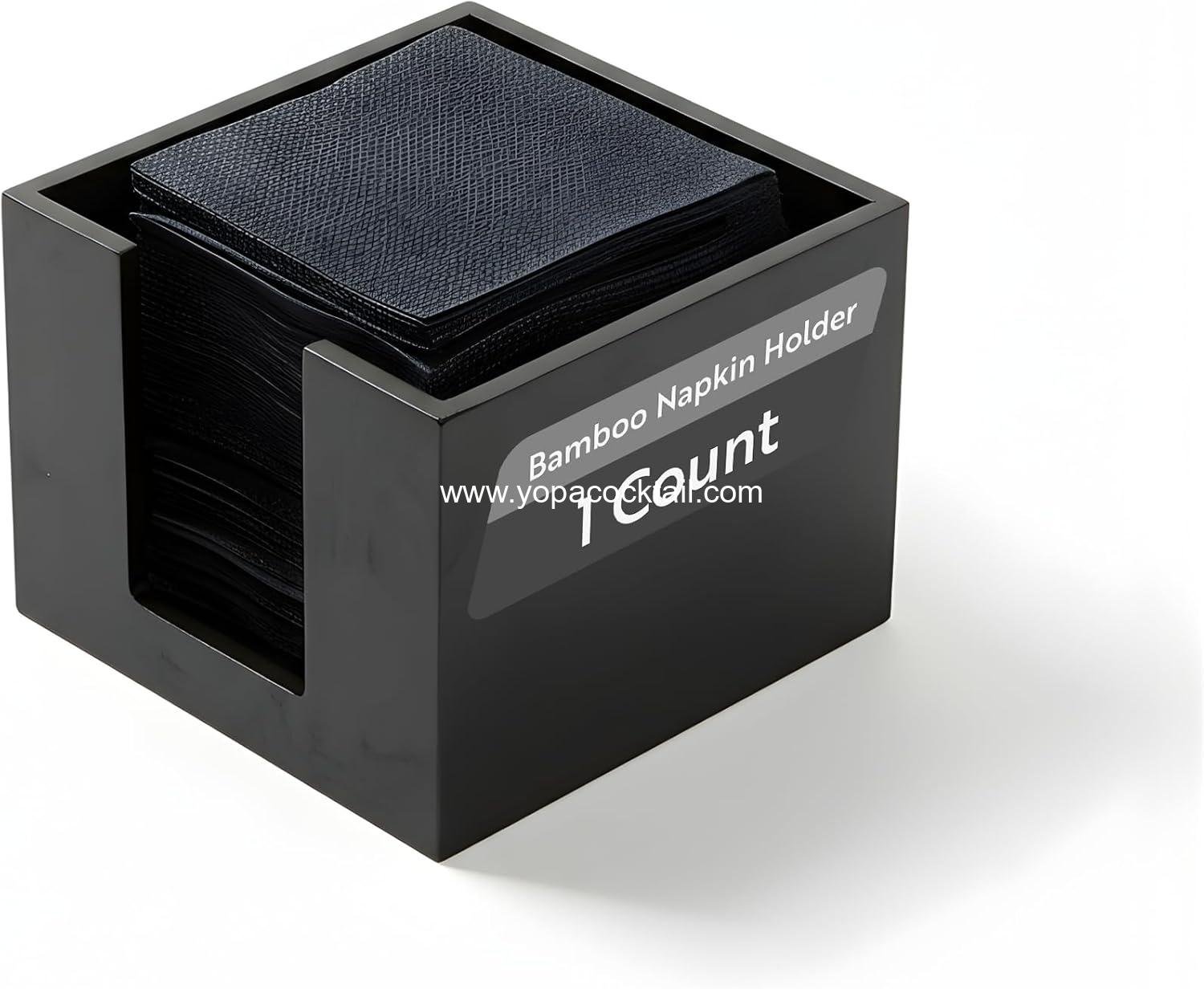 Wholesale 5.5 x 4 Inch Cocktail Napkin Holder - Square Flat Design for Bars and Kitchen Tables - Sturdy Black Bamboo Tissue Napkin Holder - Dining Room Decor Supplier