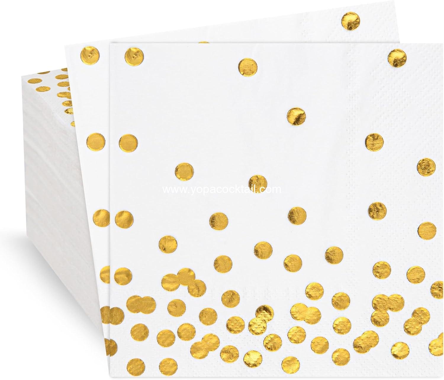 Wholesale 80-Pack White Paper Cocktail Napkins 5 x 5 in 3-Ply Gold Foil Polka Dot Party Supplies manufacturer