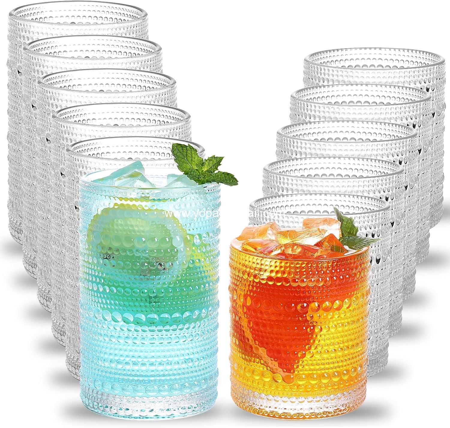 Wholesale Clear Hobnail Drinking Glasses Set, 12 Oz Highball & 10 Oz Cocktail Tumblers, Embossed Boho Glassware for Whiskey, Beer, Juice, Milk - Manufacturer