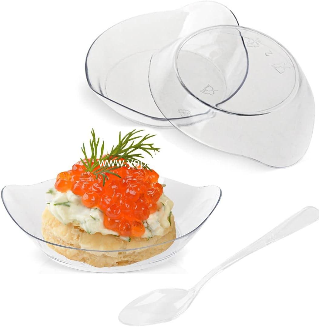 Wholesale Mini Dessert Plates with Tasting Spoons, 3-1/8 x 2-5/8 Inches Small Reusable Clear Plastic Party Serving Platters for Appetizers (Leaf Shape) Supplier Wholesale Mini Dessert Plates with Tasting Spoons, 3-1/8 x 2-5/8 Inches Small Reusable Clear Plastic Party Serving Platters for Appetizers (Leaf Shape) Supplier