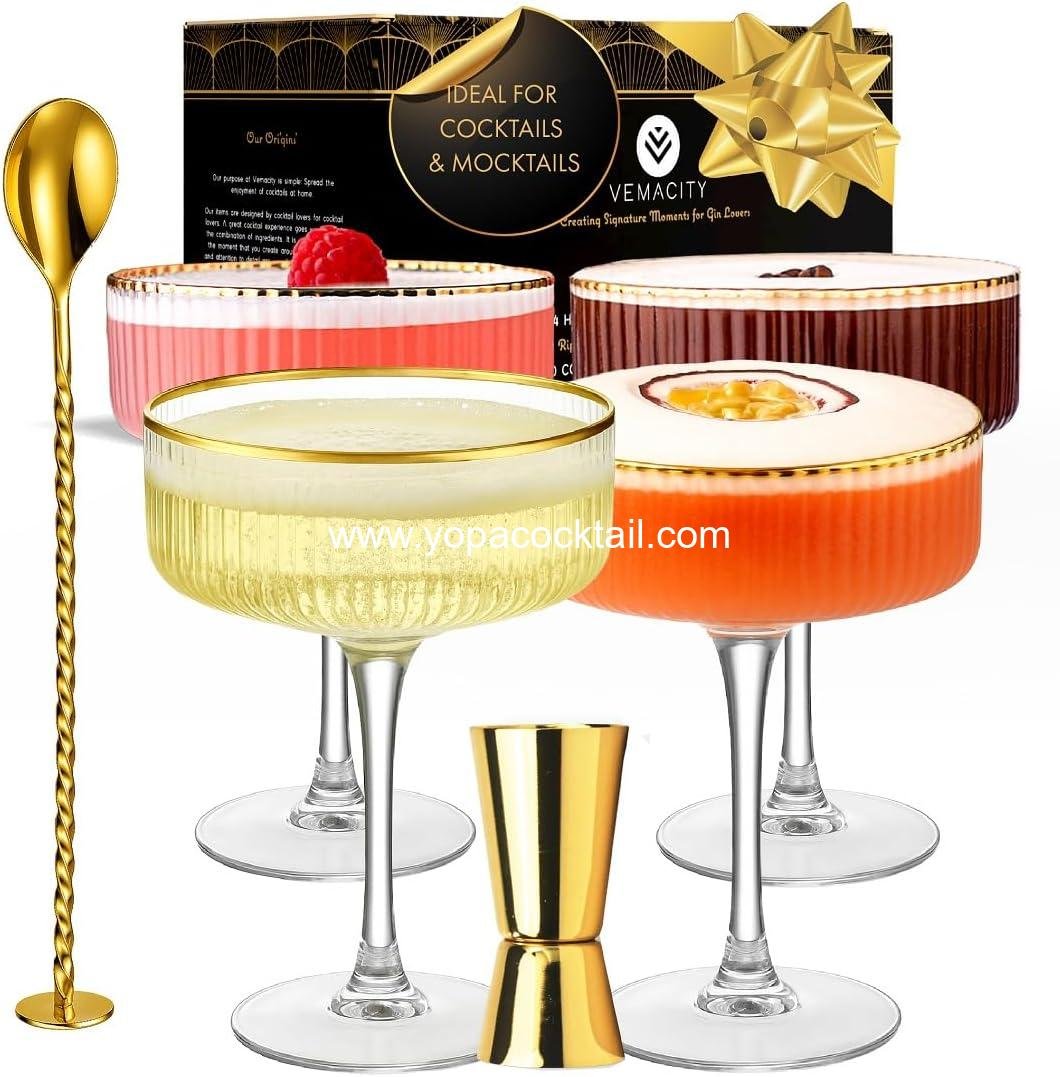 Wholesale Ribbed Espresso Martini Glasses 4-Piece Set with Gold Rims – Vintage Cocktail Glasses for Margaritas & Champagne Includes Jigger & Bar Spoon Ideal for Christmas & New Year manufacturer