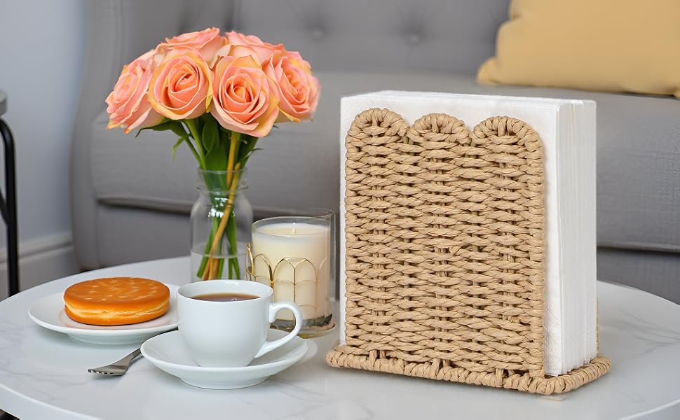 Wholesale Scalloped Edge Napkin Holder for Rustic Home Decor, Paper Rope Napkin Dispenser for Kitchen Countertop, Cocktail Napkin Holder for Indoor & Outdoor Parties, Beige Supplier